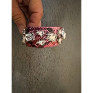 Pink Snakeskin Print Leather Crystal Embellished Cuff Bracelet Statement Snap